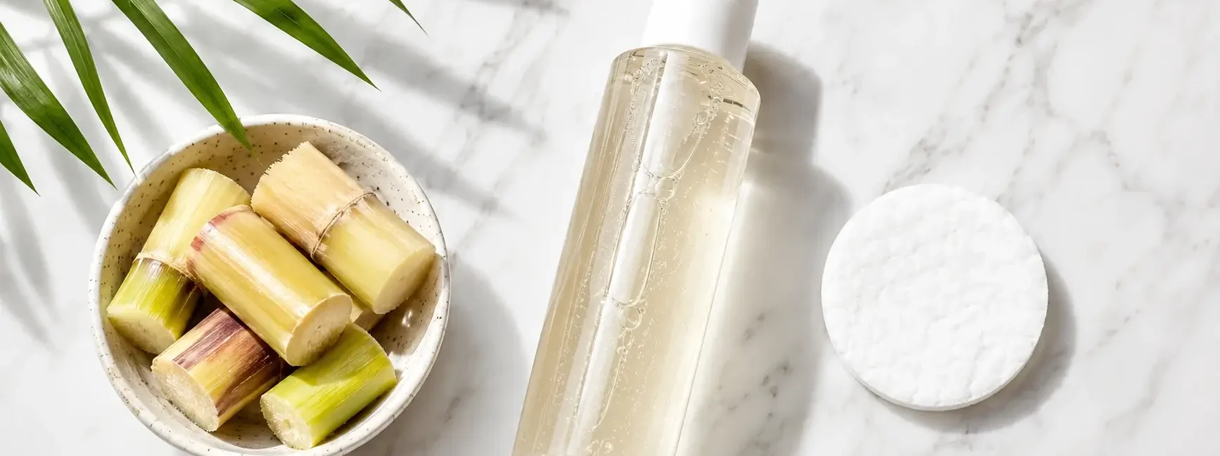 A flat lay of a glycolic acid toner bottle, a cotton pad, and a small bowl of sugarcane beside it on a clean white marble surface. Bright minimal styling, natural overhead light. No text overlays.yes or no to AHA exfoliation twice a week.