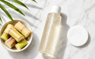 A flat lay of a glycolic acid toner bottle, a cotton pad, and a small bowl of sugarcane beside it on a clean white marble surface. Bright minimal styling, natural overhead light. No text overlays.yes or no to AHA exfoliation twice a week.