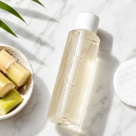 A flat lay of a glycolic acid toner bottle, a cotton pad, and a small bowl of sugarcane beside it on a clean white marble surface. Bright minimal styling, natural overhead light. No text overlays.yes or no to AHA exfoliation twice a week.
