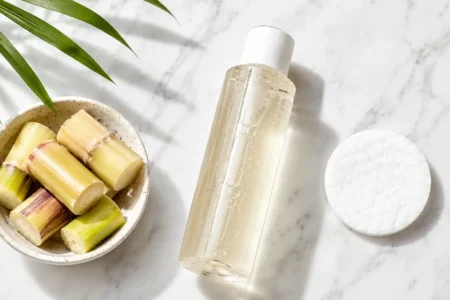 A flat lay of a glycolic acid toner bottle, a cotton pad, and a small bowl of sugarcane beside it on a clean white marble surface. Bright minimal styling, natural overhead light. No text overlays.yes or no to AHA exfoliation twice a week.