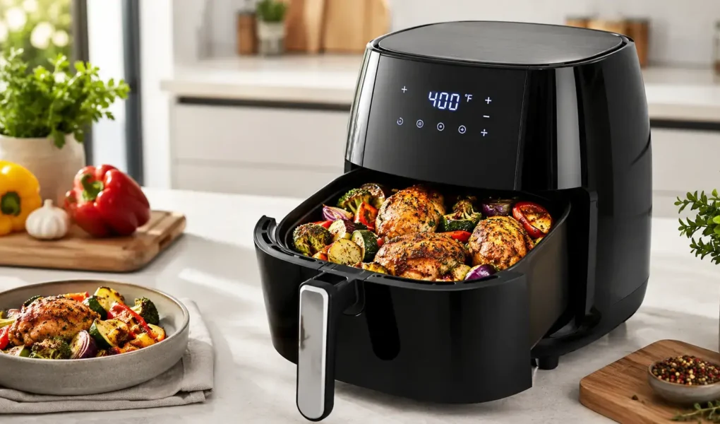 A modern air fryer on a kitchen counter with crispy vegetables and chicken pieces visible in the basket, bright natural light, clean minimal kitchen background.yes or no to air fryers for healthy eating featured image.