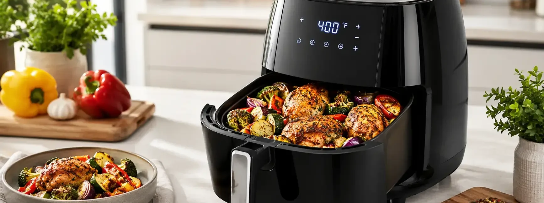 A modern air fryer on a kitchen counter with crispy vegetables and chicken pieces visible in the basket, bright natural light, clean minimal kitchen background.yes or no to air fryers for healthy eating featured image.