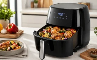 A modern air fryer on a kitchen counter with crispy vegetables and chicken pieces visible in the basket, bright natural light, clean minimal kitchen background.yes or no to air fryers for healthy eating featured image.