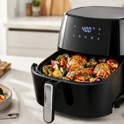 A modern air fryer on a kitchen counter with crispy vegetables and chicken pieces visible in the basket, bright natural light, clean minimal kitchen background.yes or no to air fryers for healthy eating featured image.
