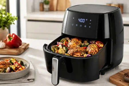 A modern air fryer on a kitchen counter with crispy vegetables and chicken pieces visible in the basket, bright natural light, clean minimal kitchen background.yes or no to air fryers for healthy eating featured image.