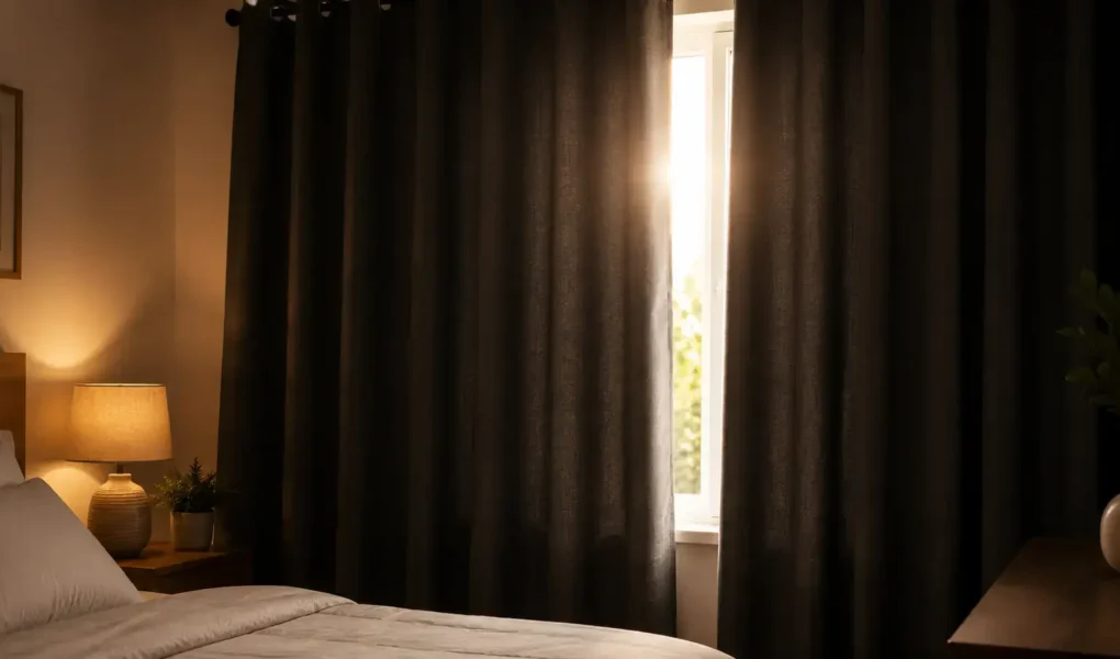 A flat lay of thick dark fabric curtains partially drawn across a bedroom window blocking bright sunlight, soft warm interior lighting, minimal and editorial style. No text overlays.yes or no to blackout curtains for sleep.