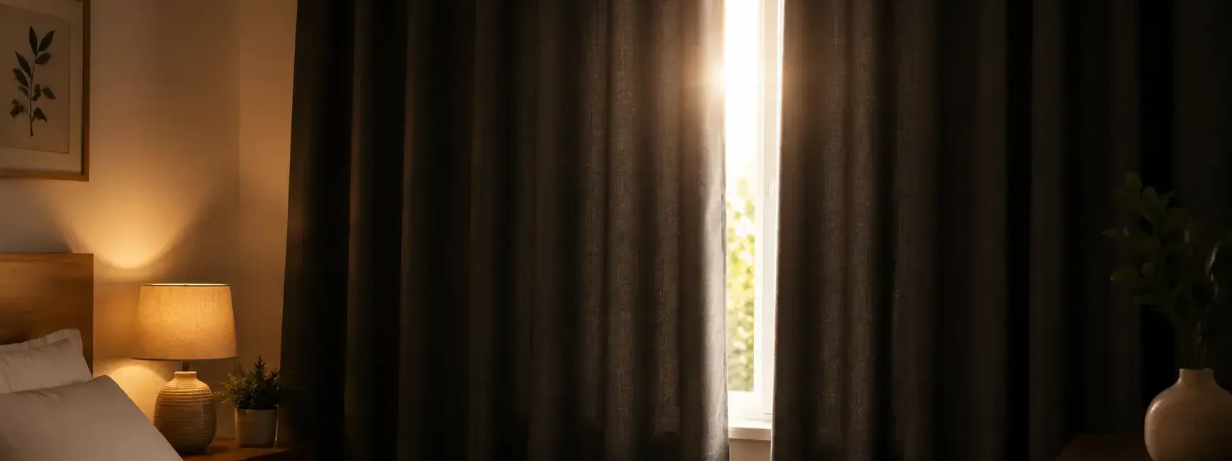 A flat lay of thick dark fabric curtains partially drawn across a bedroom window blocking bright sunlight, soft warm interior lighting, minimal and editorial style. No text overlays.yes or no to blackout curtains for sleep.