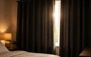 A flat lay of thick dark fabric curtains partially drawn across a bedroom window blocking bright sunlight, soft warm interior lighting, minimal and editorial style. No text overlays.yes or no to blackout curtains for sleep.