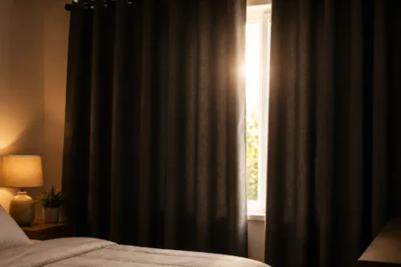 A flat lay of thick dark fabric curtains partially drawn across a bedroom window blocking bright sunlight, soft warm interior lighting, minimal and editorial style. No text overlays.yes or no to blackout curtains for sleep.