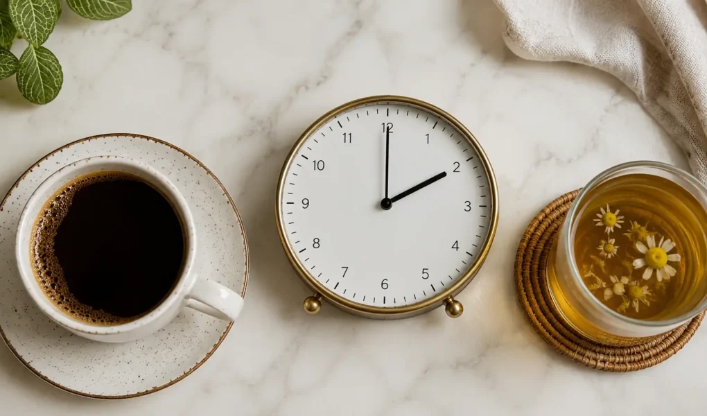 A flat lay of a coffee cup, a clock showing 2 PM, and a small glass of herbal tea on a light marble surface. Soft natural lighting, clean editorial style. No text overlays.yes or no to caffeine after 2 pm