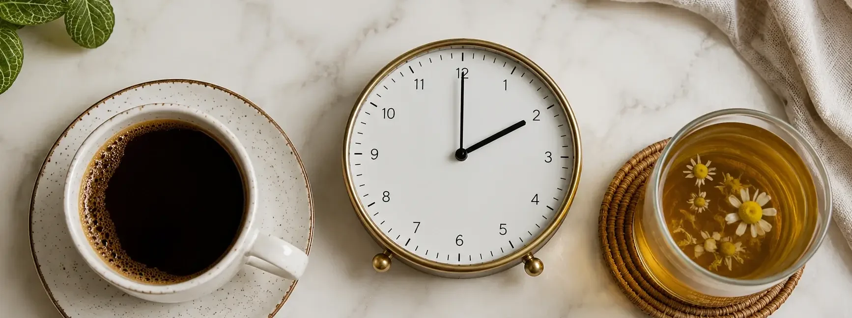 A flat lay of a coffee cup, a clock showing 2 PM, and a small glass of herbal tea on a light marble surface. Soft natural lighting, clean editorial style. No text overlays.yes or no to caffeine after 2 pm