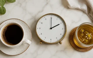 A flat lay of a coffee cup, a clock showing 2 PM, and a small glass of herbal tea on a light marble surface. Soft natural lighting, clean editorial style. No text overlays.yes or no to caffeine after 2 pm