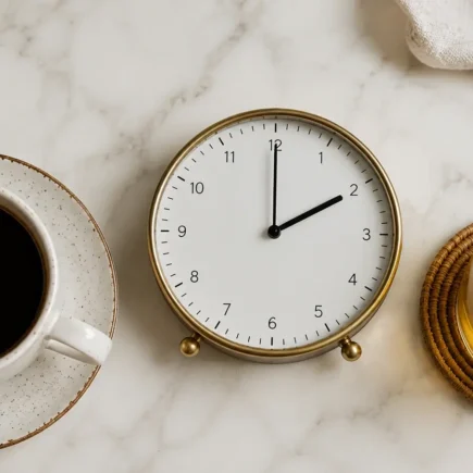 A flat lay of a coffee cup, a clock showing 2 PM, and a small glass of herbal tea on a light marble surface. Soft natural lighting, clean editorial style. No text overlays.yes or no to caffeine after 2 pm