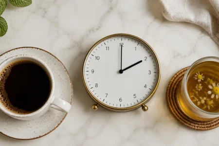 A flat lay of a coffee cup, a clock showing 2 PM, and a small glass of herbal tea on a light marble surface. Soft natural lighting, clean editorial style. No text overlays.yes or no to caffeine after 2 pm