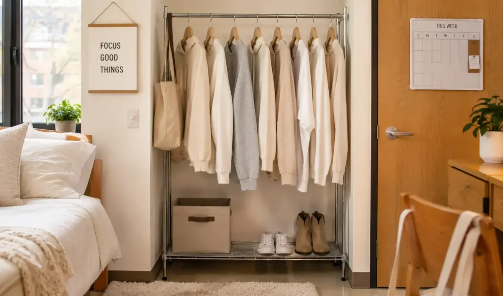 A small, neatly organized closet rack with a handful of neutral-colored coordinating clothing items, dorm room setting, bright natural light.yes or no to capsule wardrobe for students featured image.