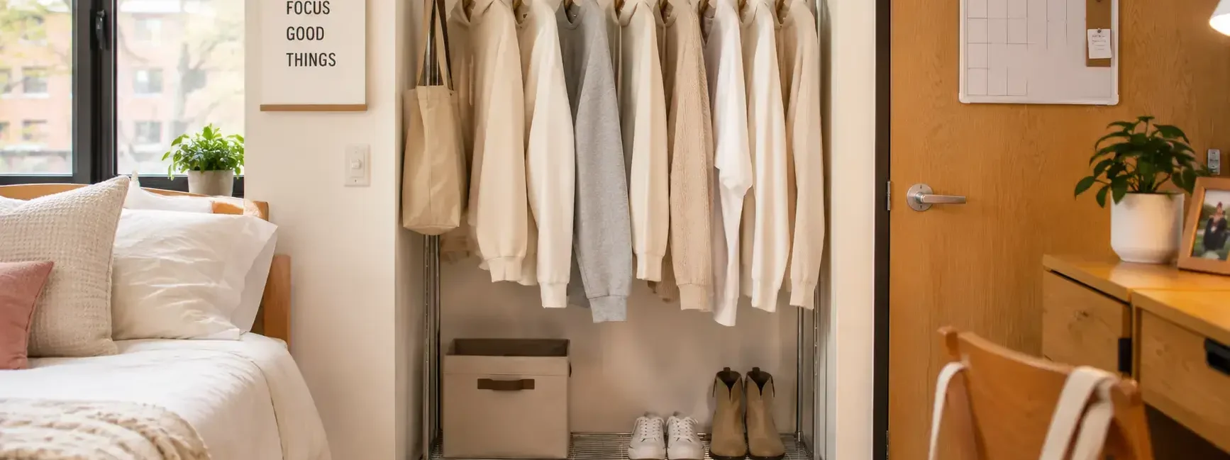 A small, neatly organized closet rack with a handful of neutral-colored coordinating clothing items, dorm room setting, bright natural light.yes or no to capsule wardrobe for students featured image.