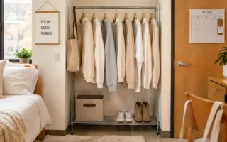A small, neatly organized closet rack with a handful of neutral-colored coordinating clothing items, dorm room setting, bright natural light.yes or no to capsule wardrobe for students featured image.