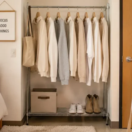 A small, neatly organized closet rack with a handful of neutral-colored coordinating clothing items, dorm room setting, bright natural light.yes or no to capsule wardrobe for students featured image.