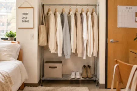 A small, neatly organized closet rack with a handful of neutral-colored coordinating clothing items, dorm room setting, bright natural light.yes or no to capsule wardrobe for students featured image.