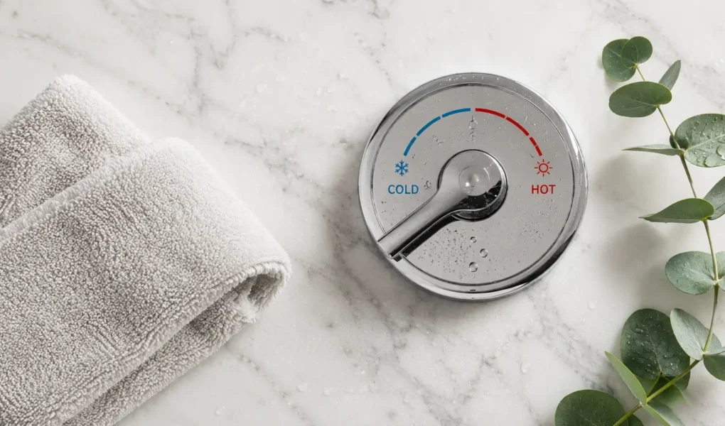 A flat lay of a cold shower temperature dial turned to cold, a small towel, and a sprig of eucalyptus on a clean white marble surface. Crisp, minimal, fresh feel. No text overlays.yes or no to cold showers.