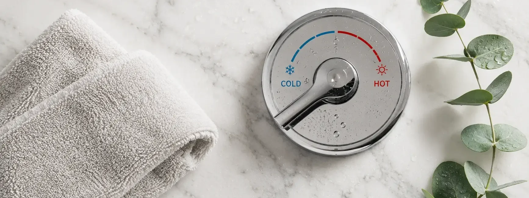 A flat lay of a cold shower temperature dial turned to cold, a small towel, and a sprig of eucalyptus on a clean white marble surface. Crisp, minimal, fresh feel. No text overlays.yes or no to cold showers.