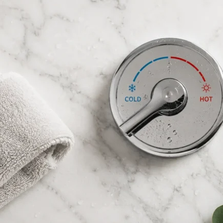 A flat lay of a cold shower temperature dial turned to cold, a small towel, and a sprig of eucalyptus on a clean white marble surface. Crisp, minimal, fresh feel. No text overlays.yes or no to cold showers.