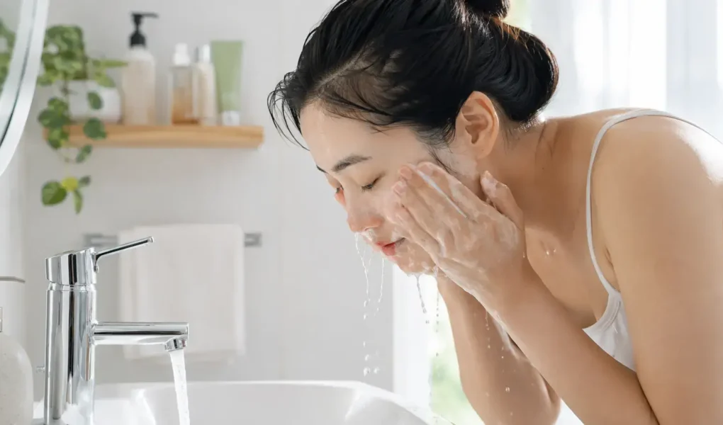 A person with bare, makeup-free skin washing their face with a simple gel cleanser at a bright bathroom sink, natural morning light, minimal product shelf visible.yes or no to double cleansing without makeup featured image.