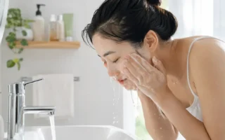 A person with bare, makeup-free skin washing their face with a simple gel cleanser at a bright bathroom sink, natural morning light, minimal product shelf visible.yes or no to double cleansing without makeup featured image.