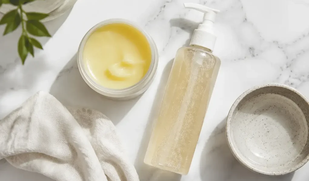 Oil cleanser and gel cleanser double cleansing method with cleansing balm, muslin cloth, and water on marble surface - yes or no to double cleansing for a simple and effective skincare routine.