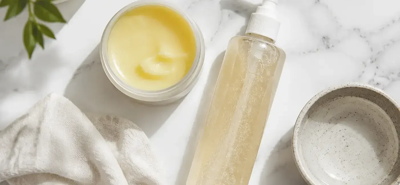 Oil cleanser and gel cleanser double cleansing method with cleansing balm, muslin cloth, and water on marble surface - yes or no to double cleansing for a simple and effective skincare routine.