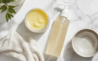 Oil cleanser and gel cleanser double cleansing method with cleansing balm, muslin cloth, and water on marble surface - yes or no to double cleansing for a simple and effective skincare routine.