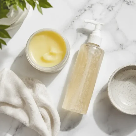 Oil cleanser and gel cleanser double cleansing method with cleansing balm, muslin cloth, and water on marble surface - yes or no to double cleansing for a simple and effective skincare routine.