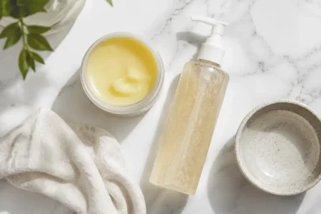Oil cleanser and gel cleanser double cleansing method with cleansing balm, muslin cloth, and water on marble surface - yes or no to double cleansing for a simple and effective skincare routine.