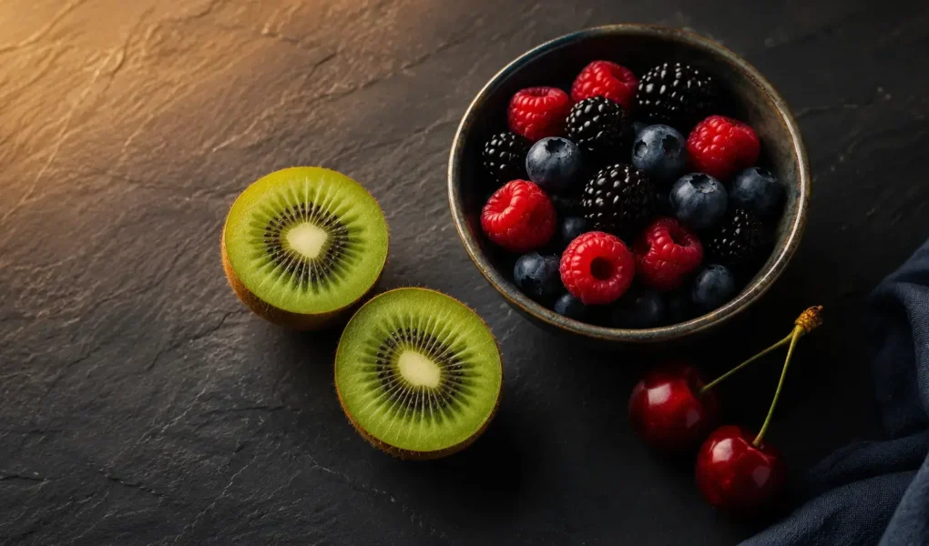 A flat lay of two kiwis sliced open, a small bowl of mixed berries, and two tart cherries arranged on a dark slate surface with soft warm evening lighting. Rich colors, minimal styling. No text overlays- yes or no to eating fruit at night.