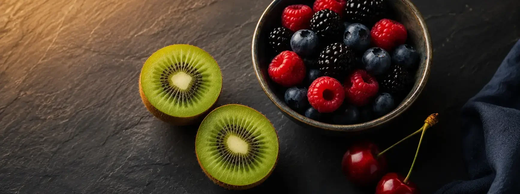 A flat lay of two kiwis sliced open, a small bowl of mixed berries, and two tart cherries arranged on a dark slate surface with soft warm evening lighting. Rich colors, minimal styling. No text overlays- yes or no to eating fruit at night.