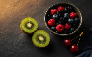 A flat lay of two kiwis sliced open, a small bowl of mixed berries, and two tart cherries arranged on a dark slate surface with soft warm evening lighting. Rich colors, minimal styling. No text overlays- yes or no to eating fruit at night.