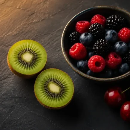 A flat lay of two kiwis sliced open, a small bowl of mixed berries, and two tart cherries arranged on a dark slate surface with soft warm evening lighting. Rich colors, minimal styling. No text overlays- yes or no to eating fruit at night.