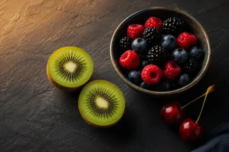 A flat lay of two kiwis sliced open, a small bowl of mixed berries, and two tart cherries arranged on a dark slate surface with soft warm evening lighting. Rich colors, minimal styling. No text overlays- yes or no to eating fruit at night.