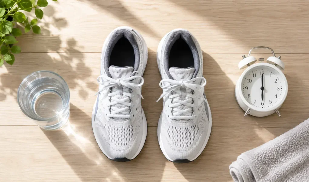A flat lay of a pair of running shoes, a glass of water, and a small alarm clock showing 6 AM on a clean light wood surface. Minimal, morning feel, no food visible. No text overlays. yes or no to fasted cardio.