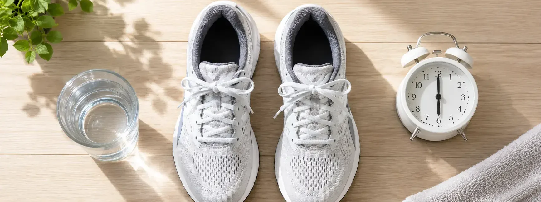 A flat lay of a pair of running shoes, a glass of water, and a small alarm clock showing 6 AM on a clean light wood surface. Minimal, morning feel, no food visible. No text overlays. yes or no to fasted cardio.