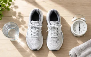 A flat lay of a pair of running shoes, a glass of water, and a small alarm clock showing 6 AM on a clean light wood surface. Minimal, morning feel, no food visible. No text overlays. yes or no to fasted cardio.