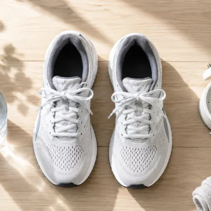 A flat lay of a pair of running shoes, a glass of water, and a small alarm clock showing 6 AM on a clean light wood surface. Minimal, morning feel, no food visible. No text overlays. yes or no to fasted cardio.