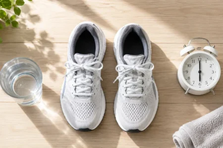 A flat lay of a pair of running shoes, a glass of water, and a small alarm clock showing 6 AM on a clean light wood surface. Minimal, morning feel, no food visible. No text overlays. yes or no to fasted cardio.