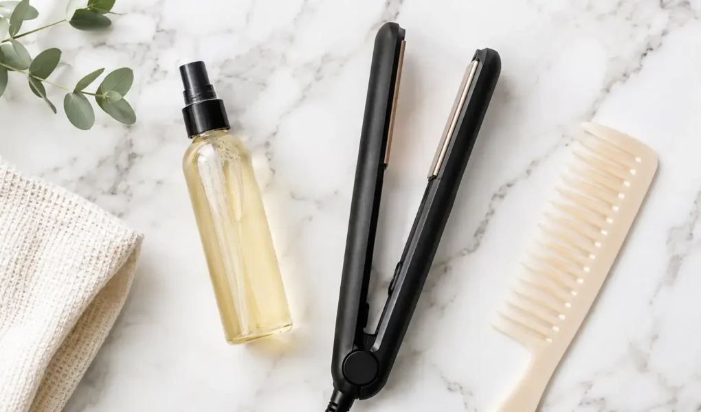 A flat lay of a heat protectant spray bottle, a flat iron, and a wide-tooth comb on a clean white marble surface. Soft natural lighting, minimal editorial style. No text overlays.yes or no to heat protectant every time.