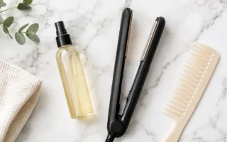 A flat lay of a heat protectant spray bottle, a flat iron, and a wide-tooth comb on a clean white marble surface. Soft natural lighting, minimal editorial style. No text overlays.yes or no to heat protectant every time.