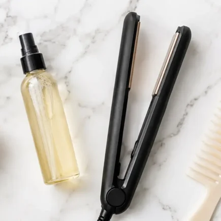 A flat lay of a heat protectant spray bottle, a flat iron, and a wide-tooth comb on a clean white marble surface. Soft natural lighting, minimal editorial style. No text overlays.yes or no to heat protectant every time.