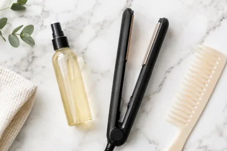 A flat lay of a heat protectant spray bottle, a flat iron, and a wide-tooth comb on a clean white marble surface. Soft natural lighting, minimal editorial style. No text overlays.yes or no to heat protectant every time.