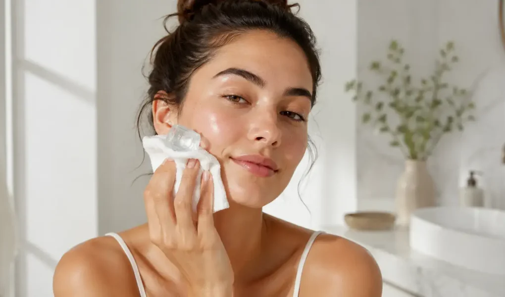 A woman gently pressing an ice cube wrapped in a white cloth against her cheek in a bright, minimal bathroom, fresh dewy skin, soft morning light.yes or no to ice facials for puffiness featured image.