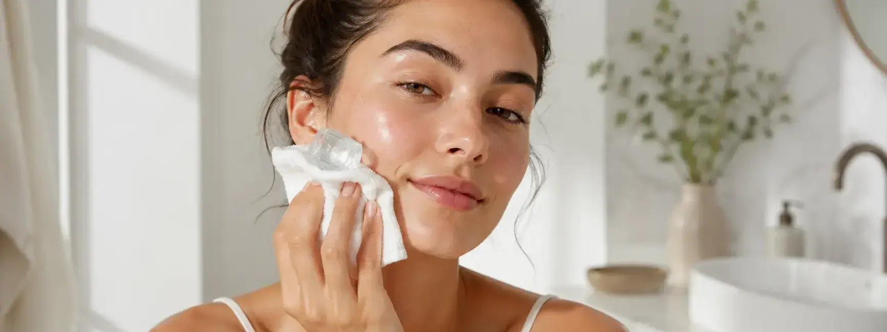 A woman gently pressing an ice cube wrapped in a white cloth against her cheek in a bright, minimal bathroom, fresh dewy skin, soft morning light.yes or no to ice facials for puffiness featured image.