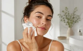 A woman gently pressing an ice cube wrapped in a white cloth against her cheek in a bright, minimal bathroom, fresh dewy skin, soft morning light.yes or no to ice facials for puffiness featured image.